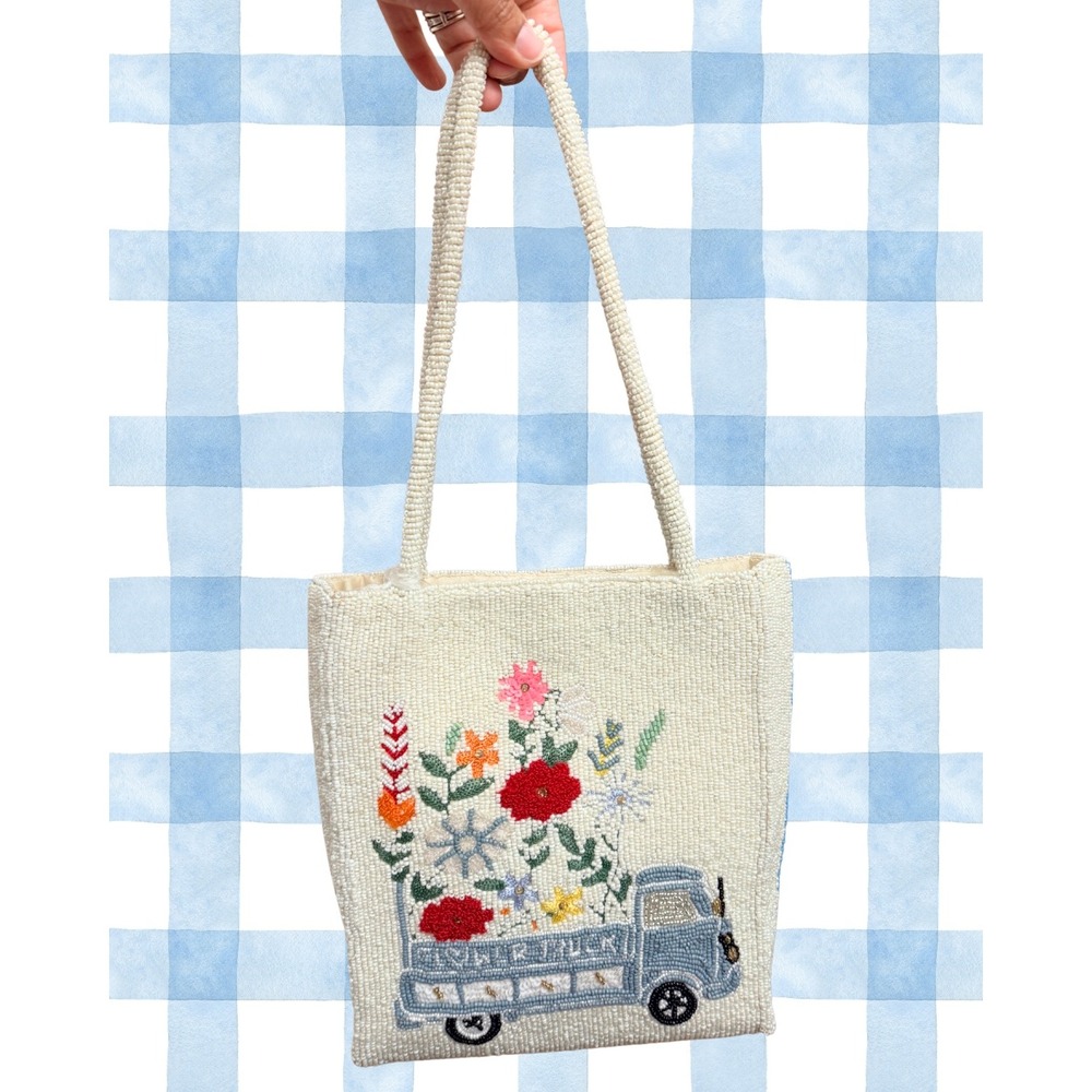 Handcrafted in India Flower Truck Beaded Tote Floral Cream Blue NWT